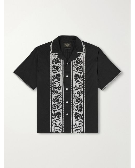 Portuguese Flannel Black Convertible-Collar Embroidered Cotton Shirt for men