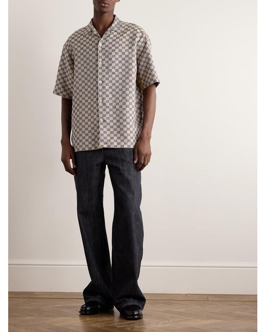 Gucci Gray Camp-Collar Logo-Jacquard Linen-Blend Shirt for men