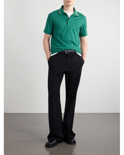 Burberry Green Logo-Embroidered Checked Cotton-Piqué Polo Shirt for men