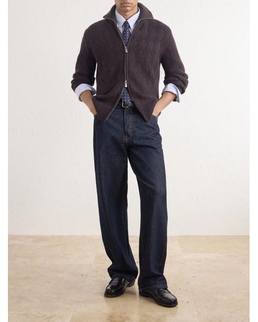 Eleventy Purple Cable-knit Wool And Cashmere-blend Zip-up Sweater for men