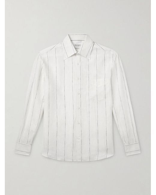 Brunello Cucinelli White Pinstriped Linen Shirt for men