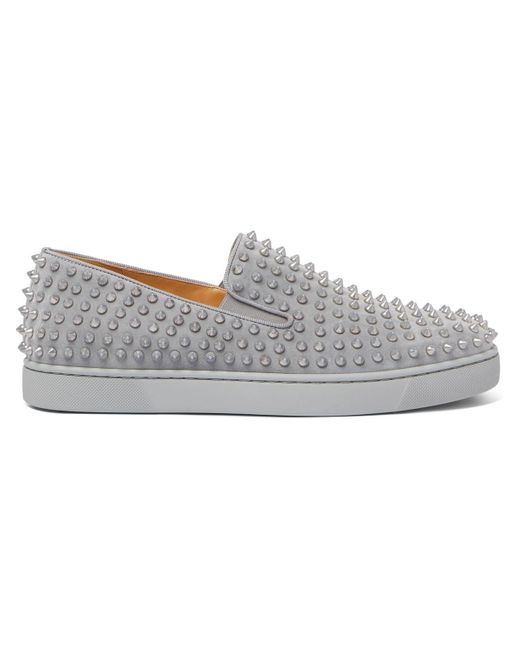 Christian Louboutin Roller-boat Spiked Suede Slip-on Sneakers in Gray for  Men | Lyst