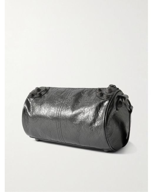 Balenciaga Black Le Cagole Studded Metallic Crinkled-leather Messenger Bag for men