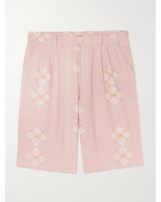 Kardo Pink Straight-Leg Embroidered Pleated Cotton Shorts for men