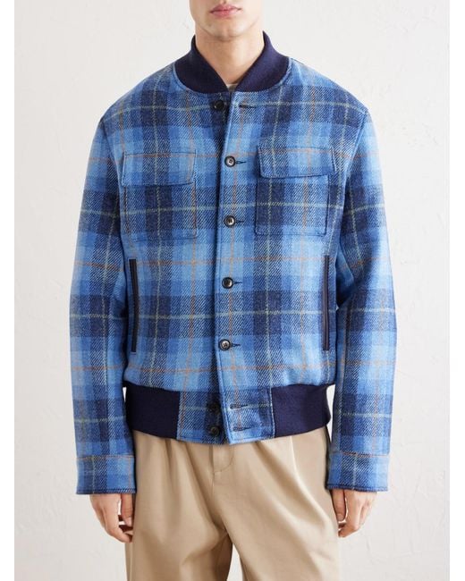 Golden Bear Blue Leather-Trimmed Wool Harris Tweed Bomber Jacket for men