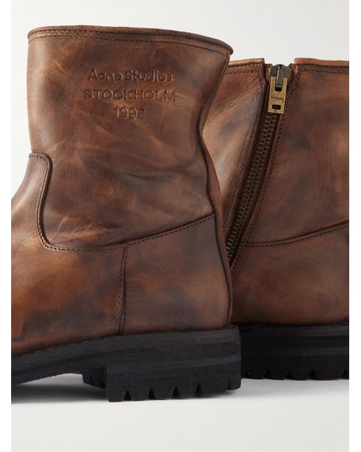 Acne Brown Bork Logo-Embossed Distressed Leather Boots for men