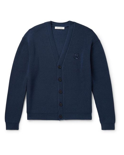 Maison Kitsuné Blue Logo-appliquéd Ribbed Cotton-blend Cardigan for men