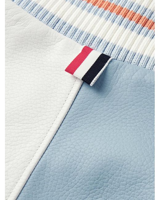 Thom Browne Blue Colour-block Striped Full-grain Leather Blouson Jacket for men