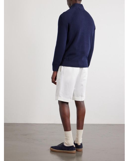 Brunello Cucinelli Blue Ribbed Cotton Half-Zip Sweater for men