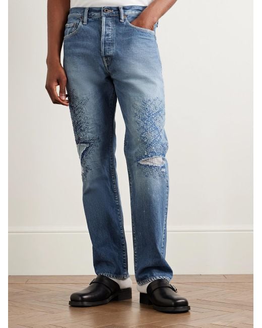 Kapital Blue Monkey Cisco Straight-leg Distressed Embroidered Jeans for men