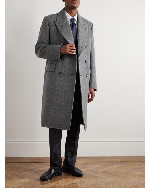 Tom Ford Doppelreihiger Mantel aus Wolle mit Fischgratmuster in Gray für Herren