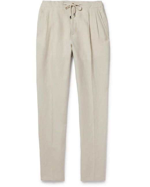 De Petrillo Natural Tapered Pleated Linen Drawstring Trousers for men