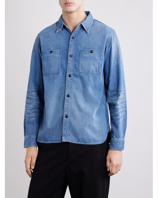Fullcount Blue Distressed Denim Shirt for men