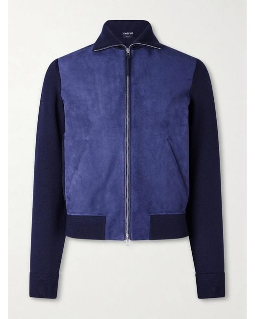 Tom Ford Blue Slim-fit Merino Wool-blend And Suede Bomber Jacket for men