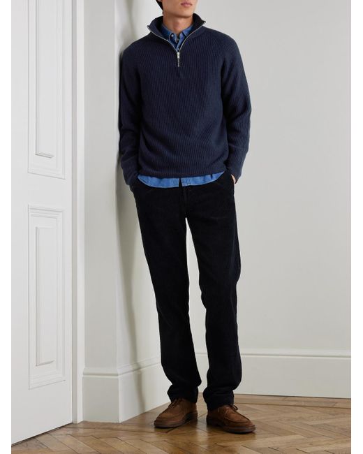 John Smedley Blue Ryker Ribbed Recycled-Cashmere And Wool-Blend Half-Zip Sweater for men