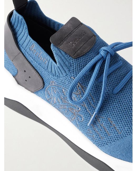 Berluti Blue Shadow Leather-Trimmed Stretch-Knit Sneakers for men