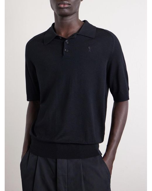 AMI Blue Logo-Embroidered Cotton Polo Shirt for men