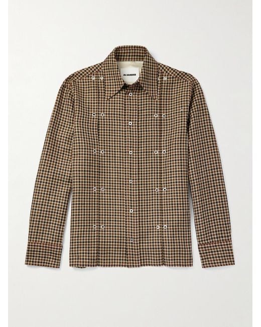 Jil Sander Brown Embellished Checked Wool And Linen-Blend Shirt for men