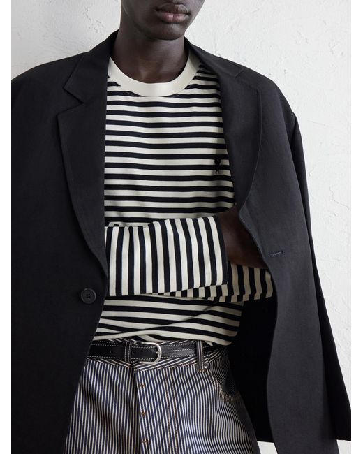 AMI Black Logo-embroidered Striped Cotton-jersey T-shirt for men