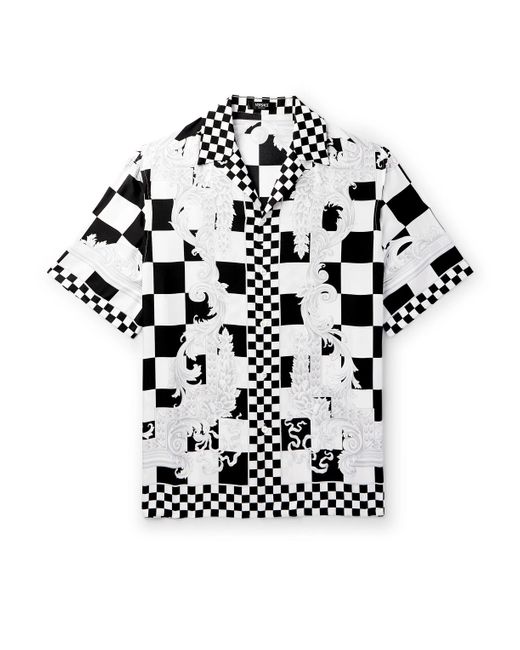 Versace White Camp-collar Printed Checked Silk-twill Shirt for men
