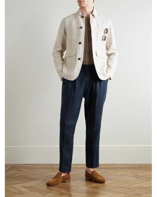 Mr P. Blue Steve Tapered Pleated Linen Trousers for men