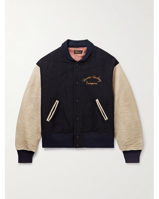 Visvim Blue Embroidered Wool And Linen-Blend Twill And Full-Grain Leather Varsity Jacket for men