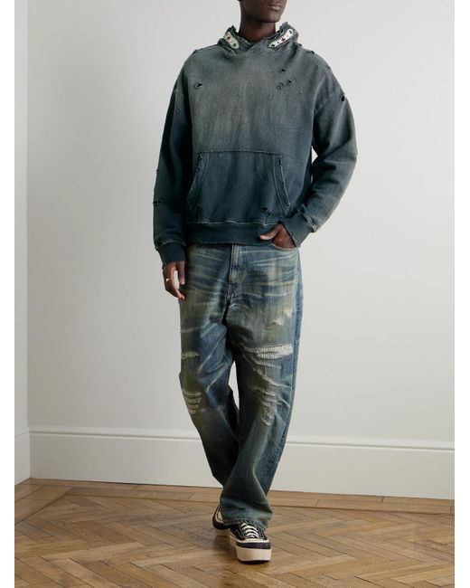 Kapital Blue Embellished Suede-Trimmed Distressed Cotton-Jersey Hoodie for men