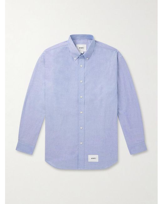 (w)taps Blue Button Down-Collar Logo-Appliquéd Coolmax Shirt for men