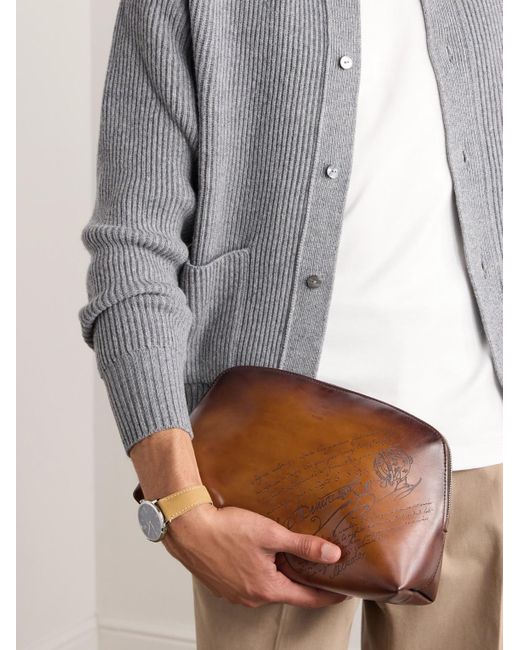 Berluti Brown Scritto Venezia Leather Pouch for men
