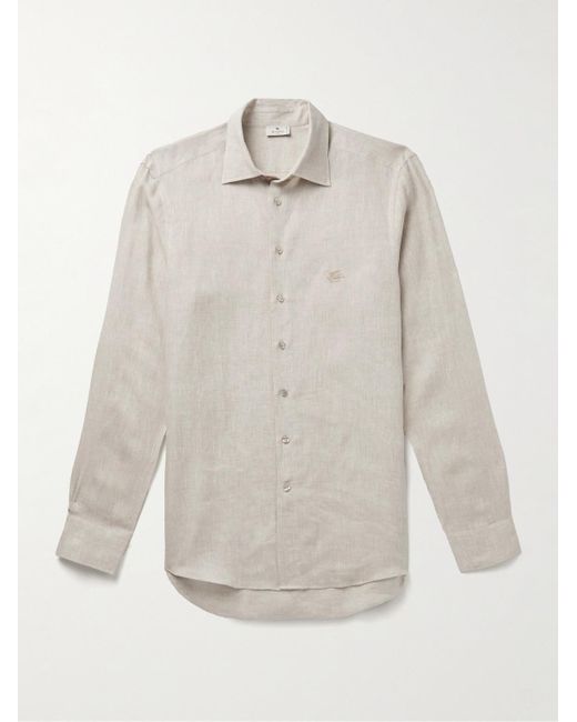 Camicia in lino con logo ricamato slim-fit di Etro in White da Uomo