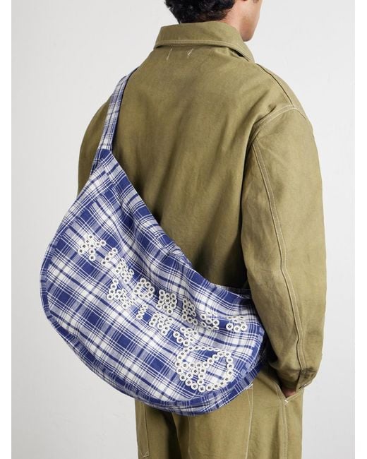 STORY mfg. Blue Big Shop Embellished Checked Cotton Tote for men