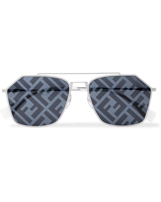 Fendi Metallic Logo-print Aviator-style Silver-tone Sunglasses for men