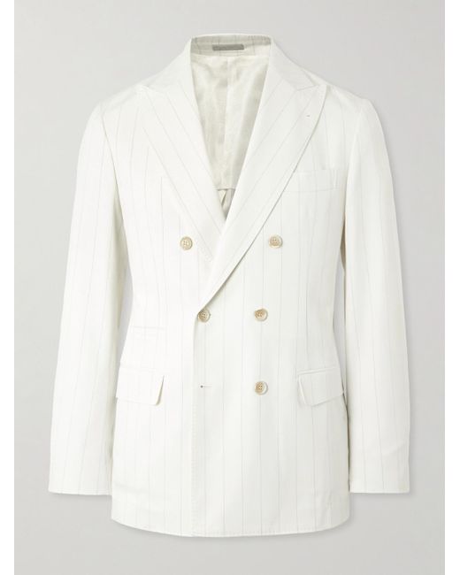 Brunello Cucinelli White Double-Breasted Pinstriped Wool And Cotton-Blend Twill Blazer for men