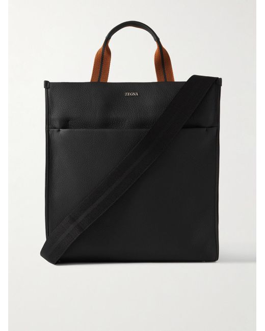 Zegna Black Striped Webbing-trimmed Full-grain Leather Tote Bag for men