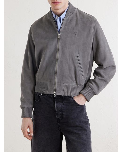 AMI Gray Logo-Embossed Suede Bomber Jacket for men