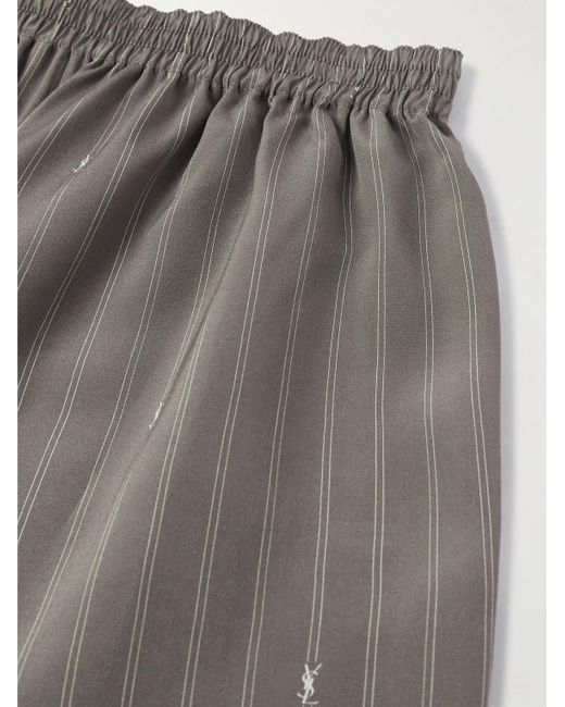 Saint Laurent Gray Straight-Leg Logo-Print Pinstriped Silk Shorts for men
