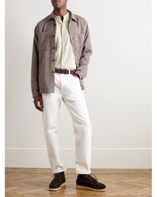 Camicia in misto cotone e lino a righe con collo alla coreana di Oliver Spencer in White da Uomo