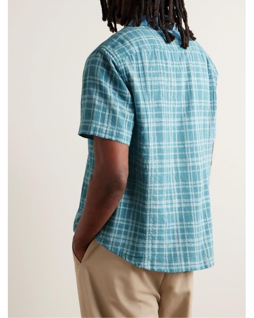 Corridor NYC Blue Camp-collar Checked Cotton And Linen-blend Shirt for men
