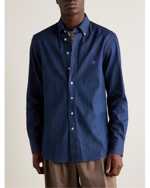 Etro Blue Button-down Collar Logo-embroidered Cotton-chambray Shirt for men