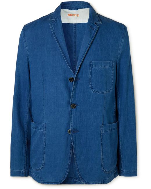 Aspesi Blue Samuraki Unstructured Convertible-collar Herringbone Cotton Blazer for men