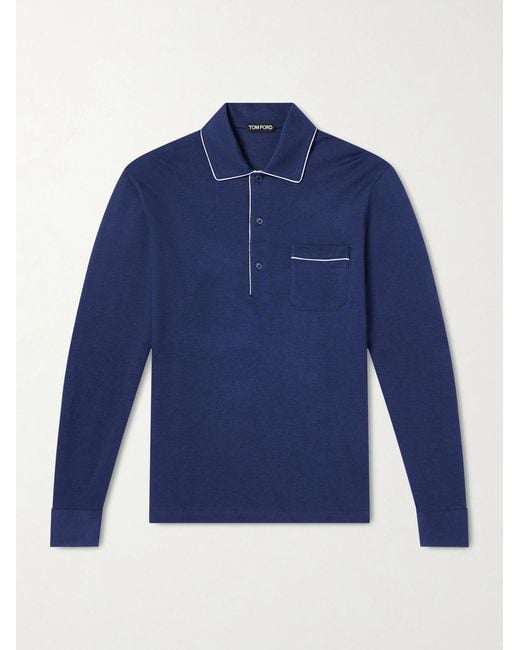 Tom Ford Blue Piped Silk And Cotton-Blend Piqué Polo Shirt for men