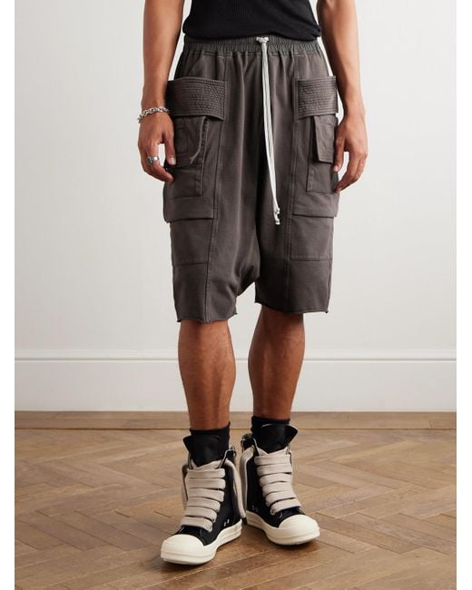 Rick Owens Black Creatch Straight-Leg Brushed Cotton-Jersey Drawstring Cargo Shorts for men