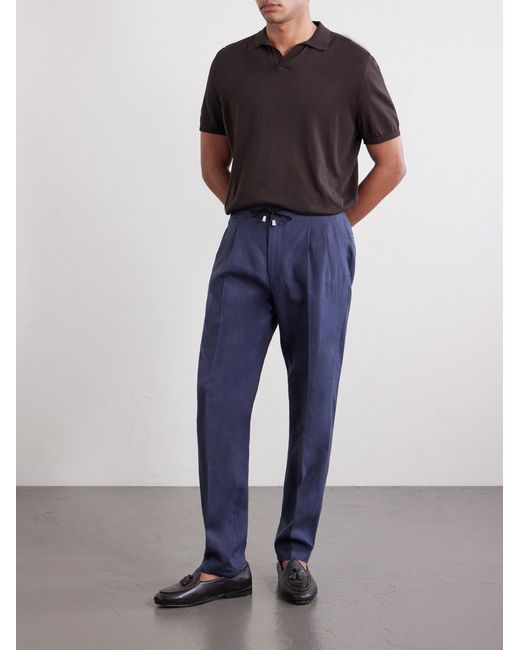 De Petrillo Blue Straight-Leg Pleated Linen Suit Trousers for men