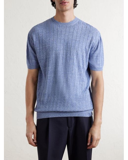 Boglioli Blue Ribbed Linen And Cotton-Blend T-Shirt for men