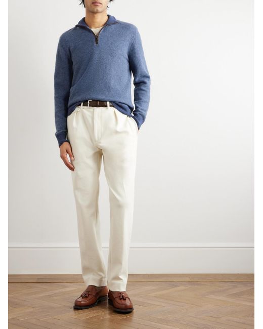 Ralph Lauren Purple Label Blue Suede-trimmed Cashmere Half-zip Sweater for men