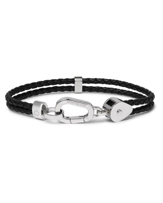 Montblanc Black Wrap Me Braided Leather And Stainless Steel Bracelet for men