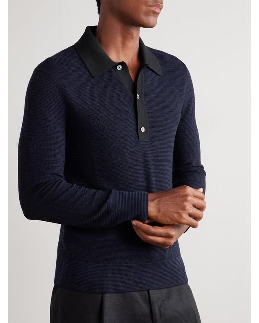 Tom Ford Blue Slim-Fit Waffle-Knit Wool Polo Shirt for men
