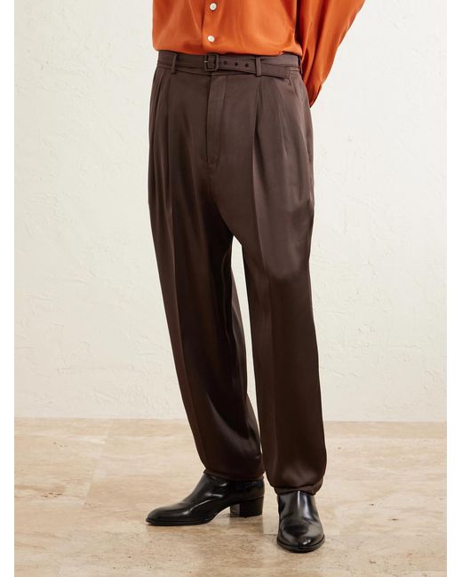 Saint Laurent Brown Tapered Belted Silk-satin Trousers for men