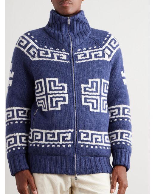 Brunello Cucinelli Blue Jacquard-Knit Cashmere Down Rollneck Cardigan for men