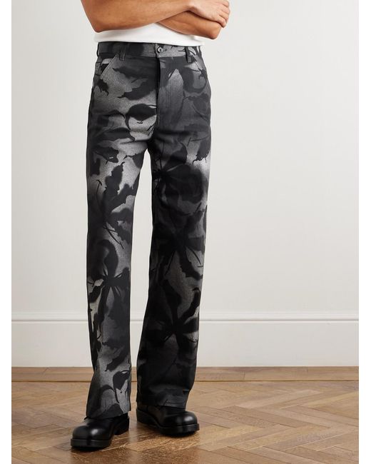 Dries Van Noten Gray Straight-Leg Floral-Print Cotton Trousers for men